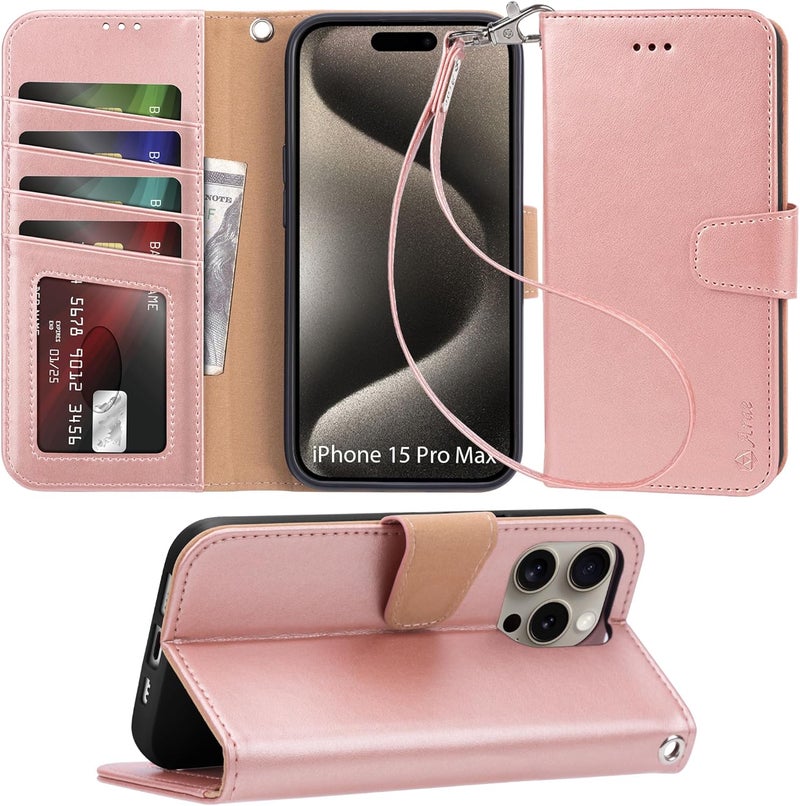 Arae Compatible with iPhone 15 Pro Max Case with Card Holder and Wrist Strap Wallet Flip Cover for iPhone 15 Pro Max 6.7 inch,Rose Gold - Image 1